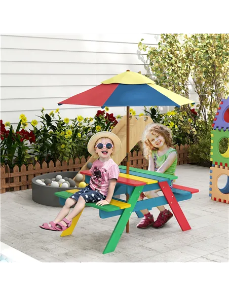 Outsunny Wooden Kids Table and Chair Set with Removable Parasol, for Ages 3-6 Years - Multicoloured