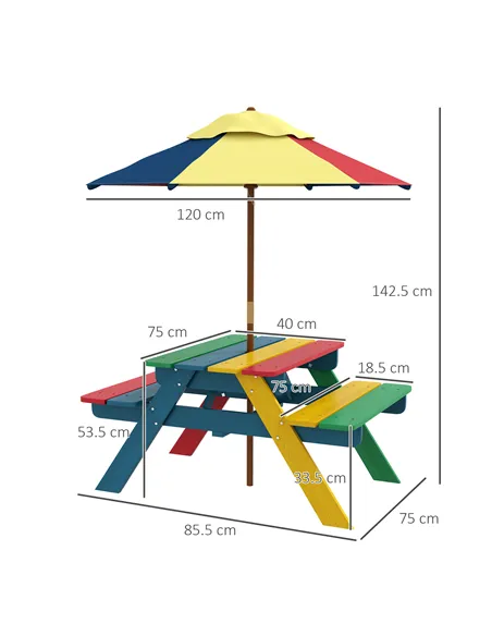 Outsunny Wooden Kids Table and Chair Set with Removable Parasol, for Ages 3-6 Years - Multicoloured