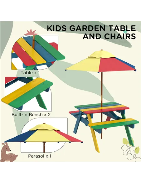 Outsunny Wooden Kids Table and Chair Set with Removable Parasol, for Ages 3-6 Years - Multicoloured