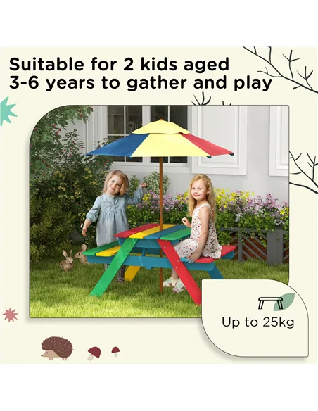 Outsunny Wooden Kids Table and Chair Set with Removable Parasol, for Ages 3-6 Years - Multicoloured