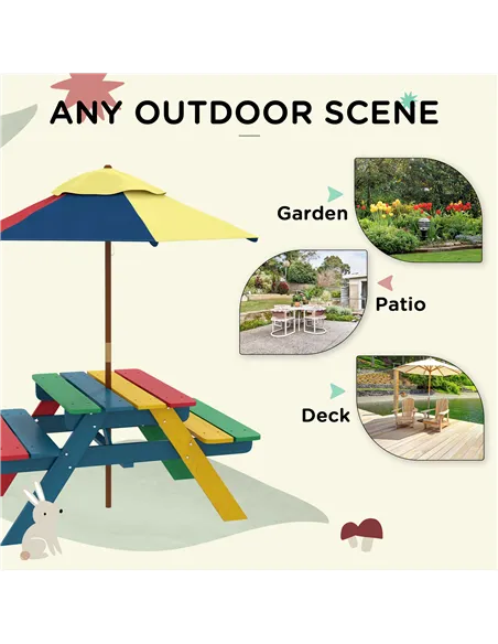 Outsunny Wooden Kids Table and Chair Set with Removable Parasol, for Ages 3-6 Years - Multicoloured
