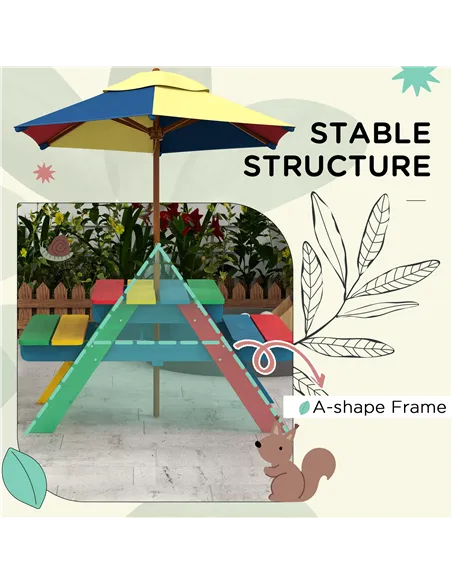 Outsunny Wooden Kids Table and Chair Set with Removable Parasol, for Ages 3-6 Years - Multicoloured