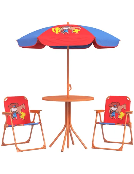 Outsunny Kids Picnic Table and Chair Set, Cowboy Themed Outdoor Garden Furniture w/ Foldable Chairs, Adjustable Parasol