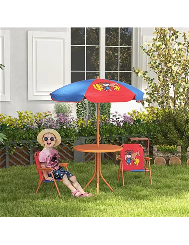 Outsunny Kids Picnic Table and Chair Set, Cowboy Themed Outdoor Garden Furniture w/ Foldable Chairs, Adjustable Parasol