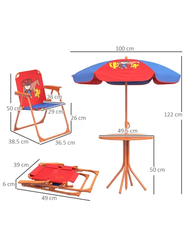 Outsunny Kids Picnic Table and Chair Set, Cowboy Themed Outdoor Garden Furniture w/ Foldable Chairs, Adjustable Parasol