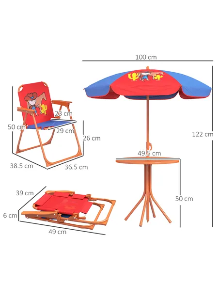 Outsunny Kids Picnic Table and Chair Set, Cowboy Themed Outdoor Garden Furniture w/ Foldable Chairs, Adjustable Parasol