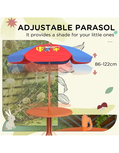 Outsunny Kids Picnic Table and Chair Set, Cowboy Themed Outdoor Garden Furniture w/ Foldable Chairs, Adjustable Parasol