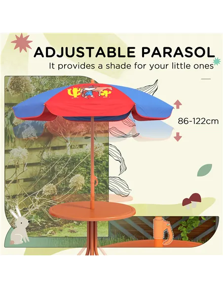 Outsunny Kids Picnic Table and Chair Set, Cowboy Themed Outdoor Garden Furniture w/ Foldable Chairs, Adjustable Parasol