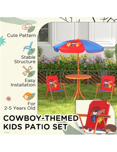 Outsunny Kids Picnic Table and Chair Set, Cowboy Themed Outdoor Garden Furniture w/ Foldable Chairs, Adjustable Parasol