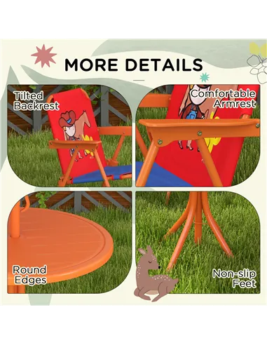 Outsunny Kids Picnic Table and Chair Set, Cowboy Themed Outdoor Garden Furniture w/ Foldable Chairs, Adjustable Parasol