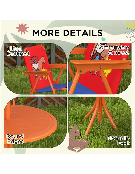 Outsunny Kids Picnic Table and Chair Set, Cowboy Themed Outdoor Garden Furniture w/ Foldable Chairs, Adjustable Parasol