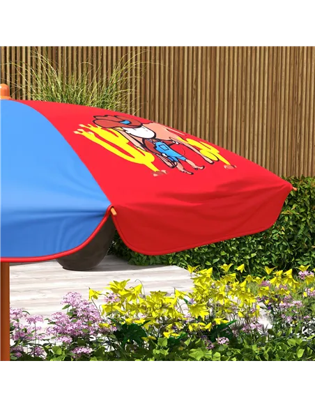 Outsunny Kids Picnic Table and Chair Set, Cowboy Themed Outdoor Garden Furniture w/ Foldable Chairs, Adjustable Parasol