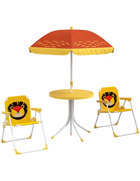 Outsunny Kids Picnic Table and Chair Set, Lion Themed Outdoor Garden Furniture w/ Foldable Chairs, Adjustable Parasol - Yellow