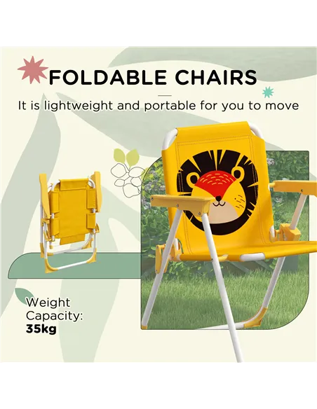 Outsunny Kids Picnic Table and Chair Set, Lion Themed Outdoor Garden Furniture w/ Foldable Chairs, Adjustable Parasol - Yellow