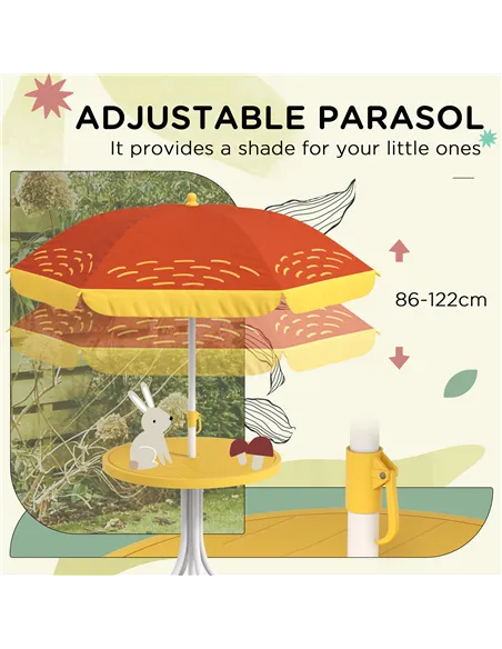 Outsunny Kids Picnic Table and Chair Set, Lion Themed Outdoor Garden Furniture w/ Foldable Chairs, Adjustable Parasol - Yellow