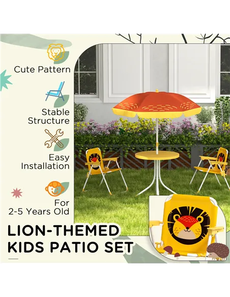 Outsunny Kids Picnic Table and Chair Set, Lion Themed Outdoor Garden Furniture w/ Foldable Chairs, Adjustable Parasol - Yellow