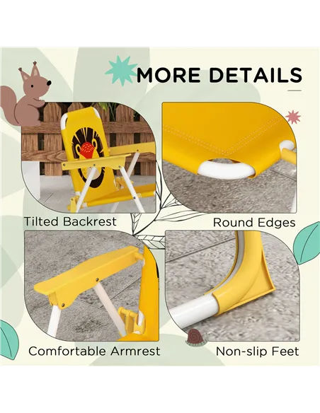 Outsunny Kids Picnic Table and Chair Set, Lion Themed Outdoor Garden Furniture w/ Foldable Chairs, Adjustable Parasol - Yellow