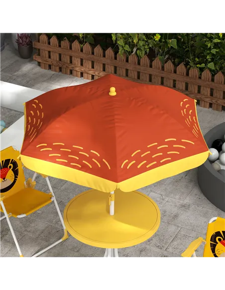 Outsunny Kids Picnic Table and Chair Set, Lion Themed Outdoor Garden Furniture w/ Foldable Chairs, Adjustable Parasol - Yellow