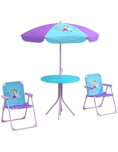 Outsunny Kids Picnic Table and Chair Set, Fairy Themed Outdoor Garden Furniture w/ Foldable Chairs, Adjustable Parasol