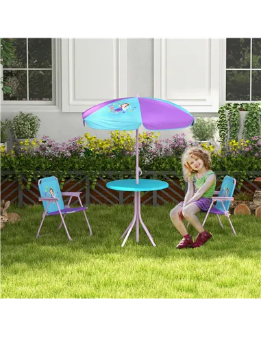 Outsunny Kids Picnic Table and Chair Set, Fairy Themed Outdoor Garden Furniture w/ Foldable Chairs, Adjustable Parasol
