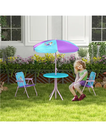 Outsunny Kids Picnic Table and Chair Set, Fairy Themed Outdoor Garden Furniture w/ Foldable Chairs, Adjustable Parasol