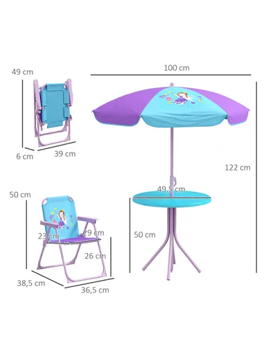 Outsunny Kids Picnic Table and Chair Set, Fairy Themed Outdoor Garden Furniture w/ Foldable Chairs, Adjustable Parasol