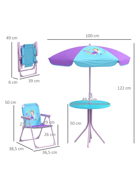 Outsunny Kids Picnic Table and Chair Set, Fairy Themed Outdoor Garden Furniture w/ Foldable Chairs, Adjustable Parasol