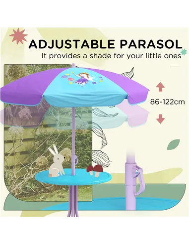 Outsunny Kids Picnic Table and Chair Set, Fairy Themed Outdoor Garden Furniture w/ Foldable Chairs, Adjustable Parasol