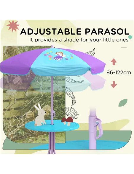 Outsunny Kids Picnic Table and Chair Set, Fairy Themed Outdoor Garden Furniture w/ Foldable Chairs, Adjustable Parasol