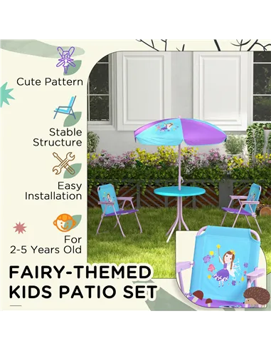 Outsunny Kids Picnic Table and Chair Set, Fairy Themed Outdoor Garden Furniture w/ Foldable Chairs, Adjustable Parasol