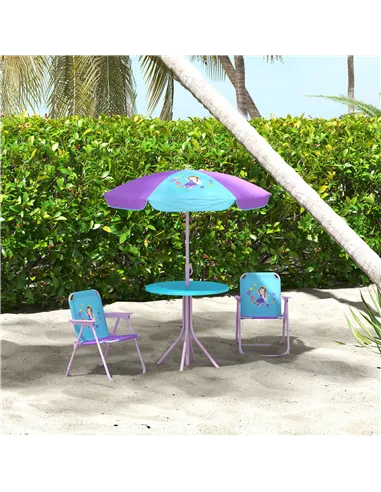 Outsunny Kids Picnic Table and Chair Set, Fairy Themed Outdoor Garden Furniture w/ Foldable Chairs, Adjustable Parasol