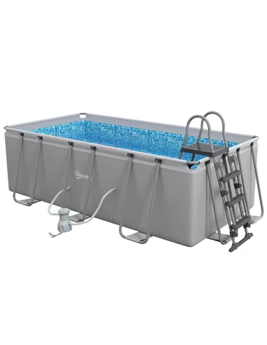 Outsunny Rectangle Steel Frame Swimming Pool with Ladder and Pump - Grey