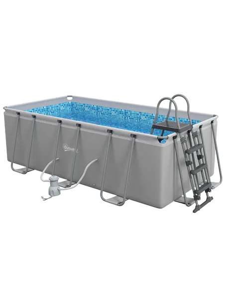 Outsunny Rectangle Steel Frame Swimming Pool with Ladder and Pump - Grey