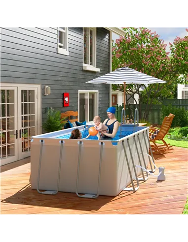 Outsunny Rectangle Steel Frame Swimming Pool with Ladder and Pump - Grey
