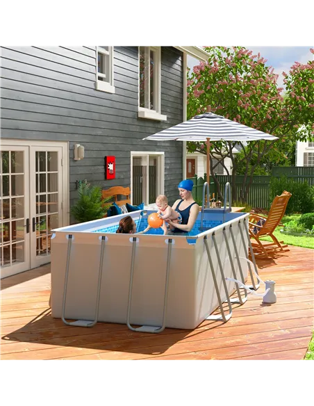 Outsunny Rectangle Steel Frame Swimming Pool with Ladder and Pump - Grey
