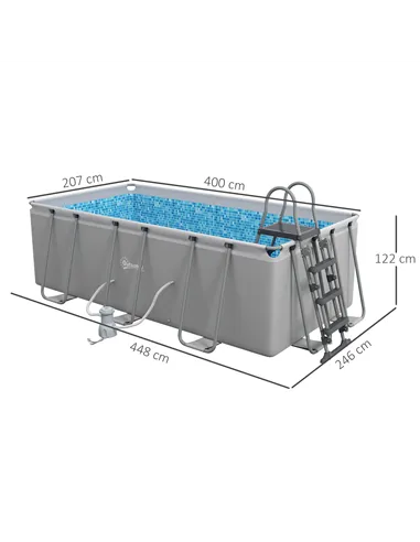 Outsunny Rectangle Steel Frame Swimming Pool with Ladder and Pump - Grey