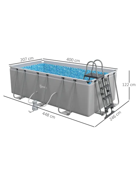 Outsunny Rectangle Steel Frame Swimming Pool with Ladder and Pump - Grey