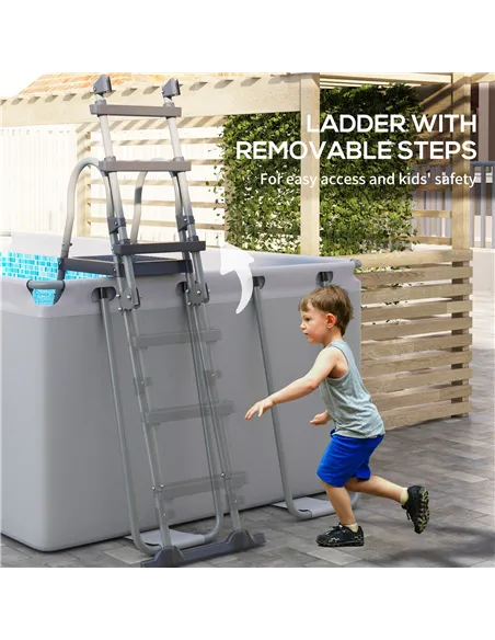 Outsunny Rectangle Steel Frame Swimming Pool with Ladder and Pump - Grey