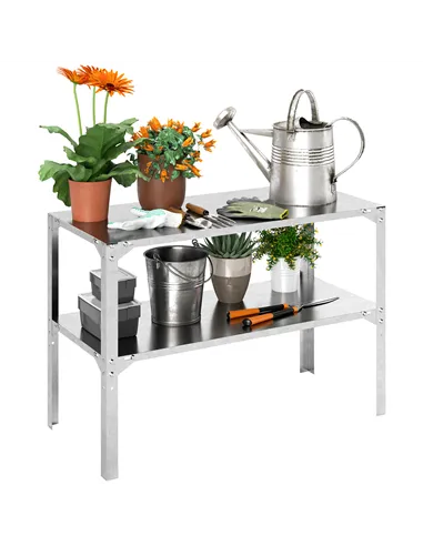 Outsunny 2 Tier Potting Bench Table, Galvanised Steel Garden Planting Work Bench Workstation with Storage Shelf for Outdoor, Pat