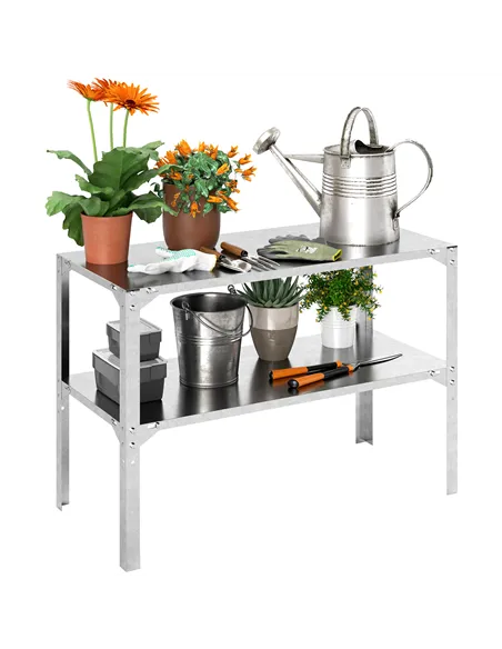 Outsunny 2 Tier Potting Bench Table, Galvanised Steel Garden Planting Work Bench Workstation with Storage Shelf for Outdoor, Pat