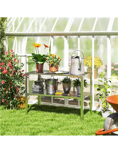Outsunny 2 Tier Potting Bench Table, Galvanised Steel Garden Planting Work Bench Workstation with Storage Shelf for Outdoor, Pat