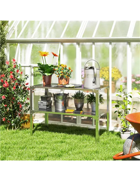 Outsunny 2 Tier Potting Bench Table, Galvanised Steel Garden Planting Work Bench Workstation with Storage Shelf for Outdoor, Pat