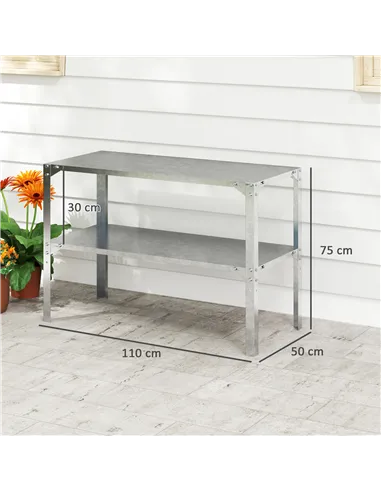 Outsunny 2 Tier Potting Bench Table, Galvanised Steel Garden Planting Work Bench Workstation with Storage Shelf for Outdoor, Pat