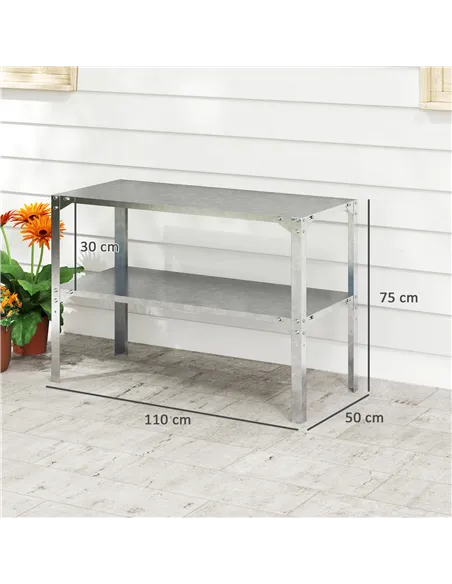 Outsunny 2 Tier Potting Bench Table, Galvanised Steel Garden Planting Work Bench Workstation with Storage Shelf for Outdoor, Pat