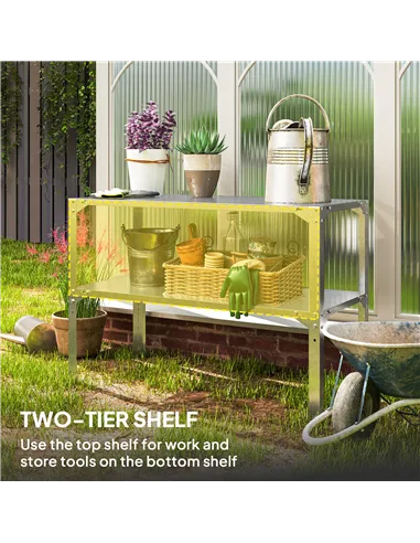 Outsunny 2 Tier Potting Bench Table, Galvanised Steel Garden Planting Work Bench Workstation with Storage Shelf for Outdoor, Pat