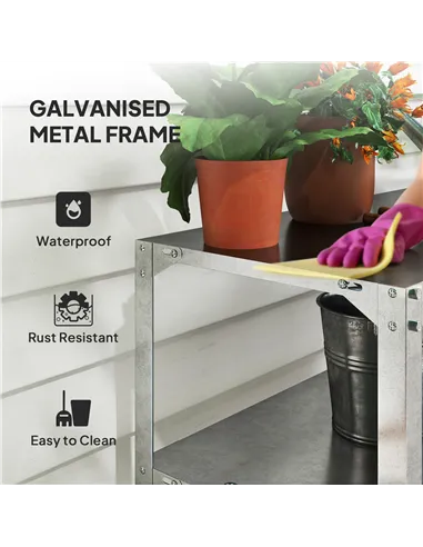 Outsunny 2 Tier Potting Bench Table, Galvanised Steel Garden Planting Work Bench Workstation with Storage Shelf for Outdoor, Pat