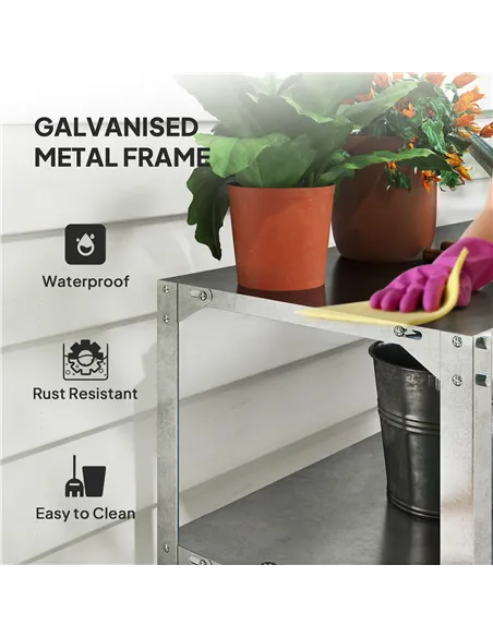 Outsunny 2 Tier Potting Bench Table, Galvanised Steel Garden Planting Work Bench Workstation with Storage Shelf for Outdoor, Pat