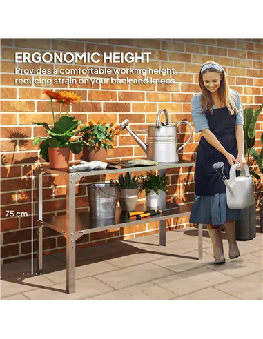 Outsunny 2 Tier Potting Bench Table, Galvanised Steel Garden Planting Work Bench Workstation with Storage Shelf for Outdoor, Pat