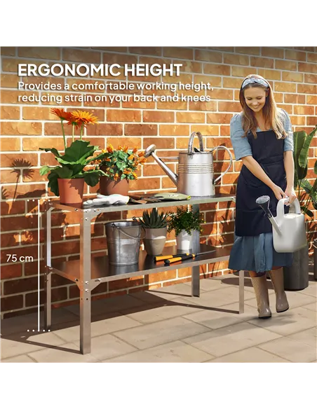 Outsunny 2 Tier Potting Bench Table, Galvanised Steel Garden Planting Work Bench Workstation with Storage Shelf for Outdoor, Pat