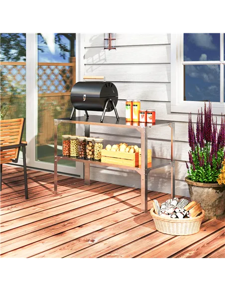 Outsunny 2 Tier Potting Bench Table, Galvanised Steel Garden Planting Work Bench Workstation with Storage Shelf for Outdoor, Pat